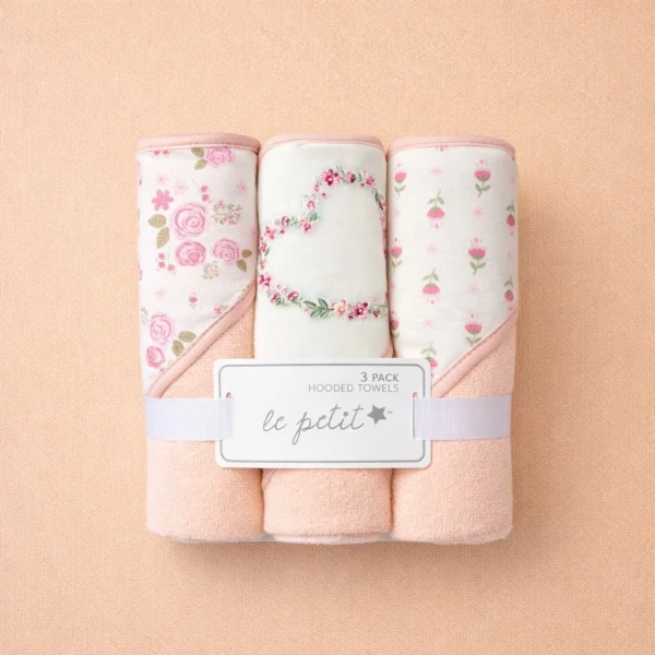 peach floerl webp 3-Piece Hooded Baby Towel Set