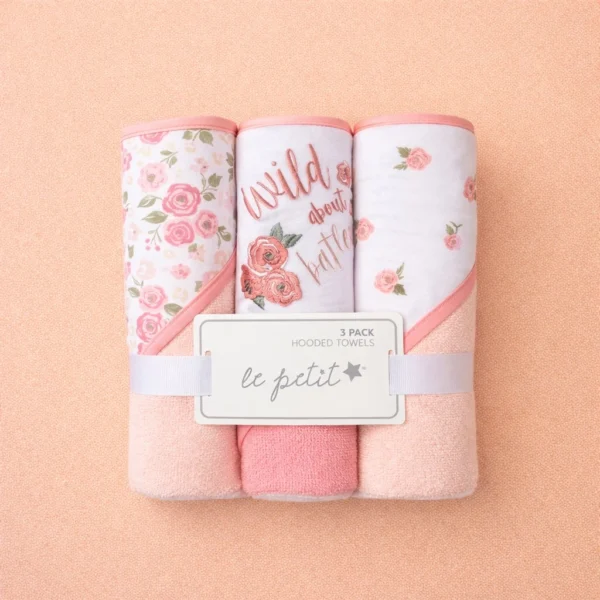 pink floral webp 3-Piece Hooded Baby Towel Set