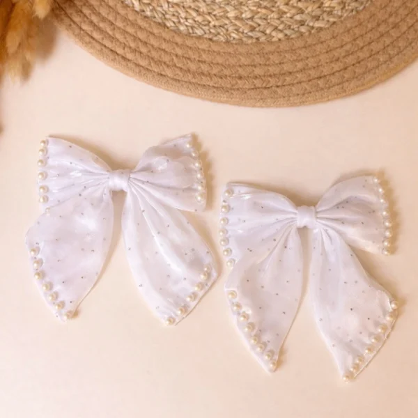White Pearl Bow & Butterfly Hair Clips Set – 4 Piece