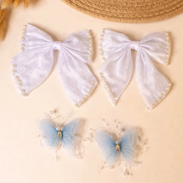 White Pearl Bow & Butterfly Hair Clips Set – 4 Piece
