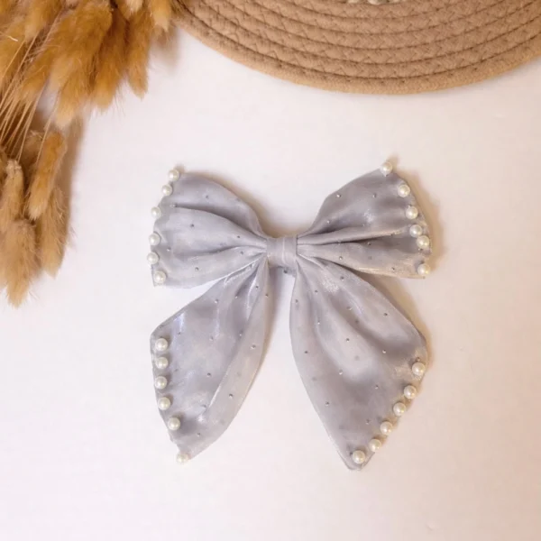 Grey Pearl Bow & Floral Hair Accessories Set – 3 Piece