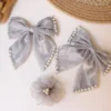 Grey Pearl Bow & Floral Hair Accessories Set – 3 Piece