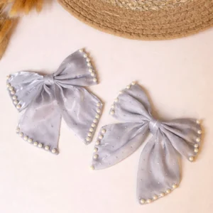 Grey Pearl Bow & Floral Hair Accessories Set – 3 Piece