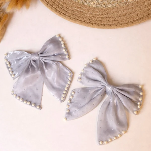 Grey Pearl Bow & Floral Hair Accessories Set – 3 Piece