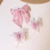 Dusty Pink Pearl Bow & Butterfly Hair Clips Set – 3 Piece
