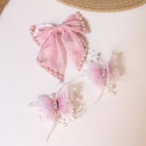 Dusty Pink Pearl Bow & Butterfly Hair Clips Set – 3 Piece