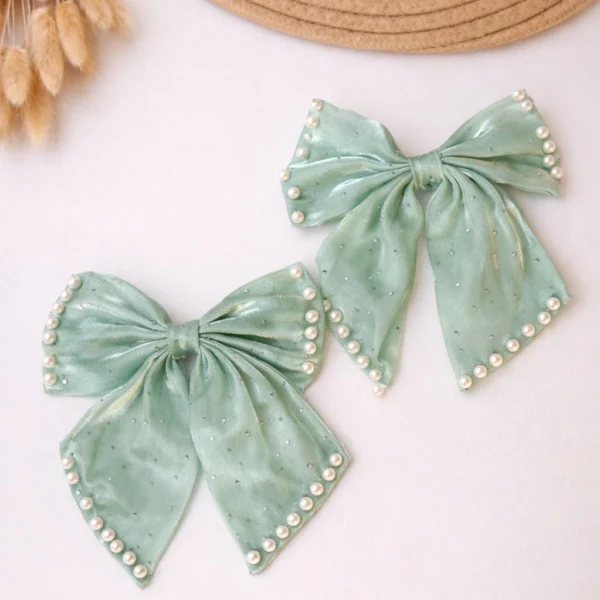 Mint Pearl Luxe Bow Clip