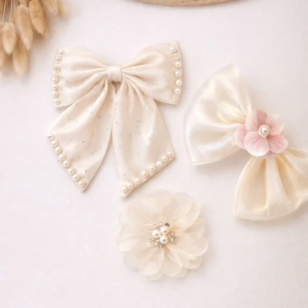 Ivory Pearl Bow & Floral Hair Accessories Set – 3 Piece