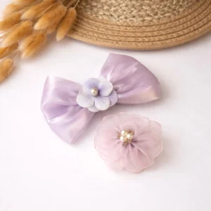 Mauve Satin Bow & Floral Hair Accessories Set – 2 Piece