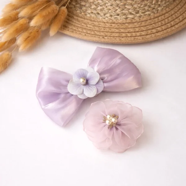 Mauve Satin Bow & Floral Hair Accessories Set – 2 Piece